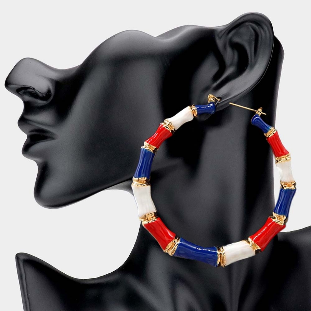 Red White Blue Bamboo Door Knocker Earrings Trendy 3" Textured Metal Hoop